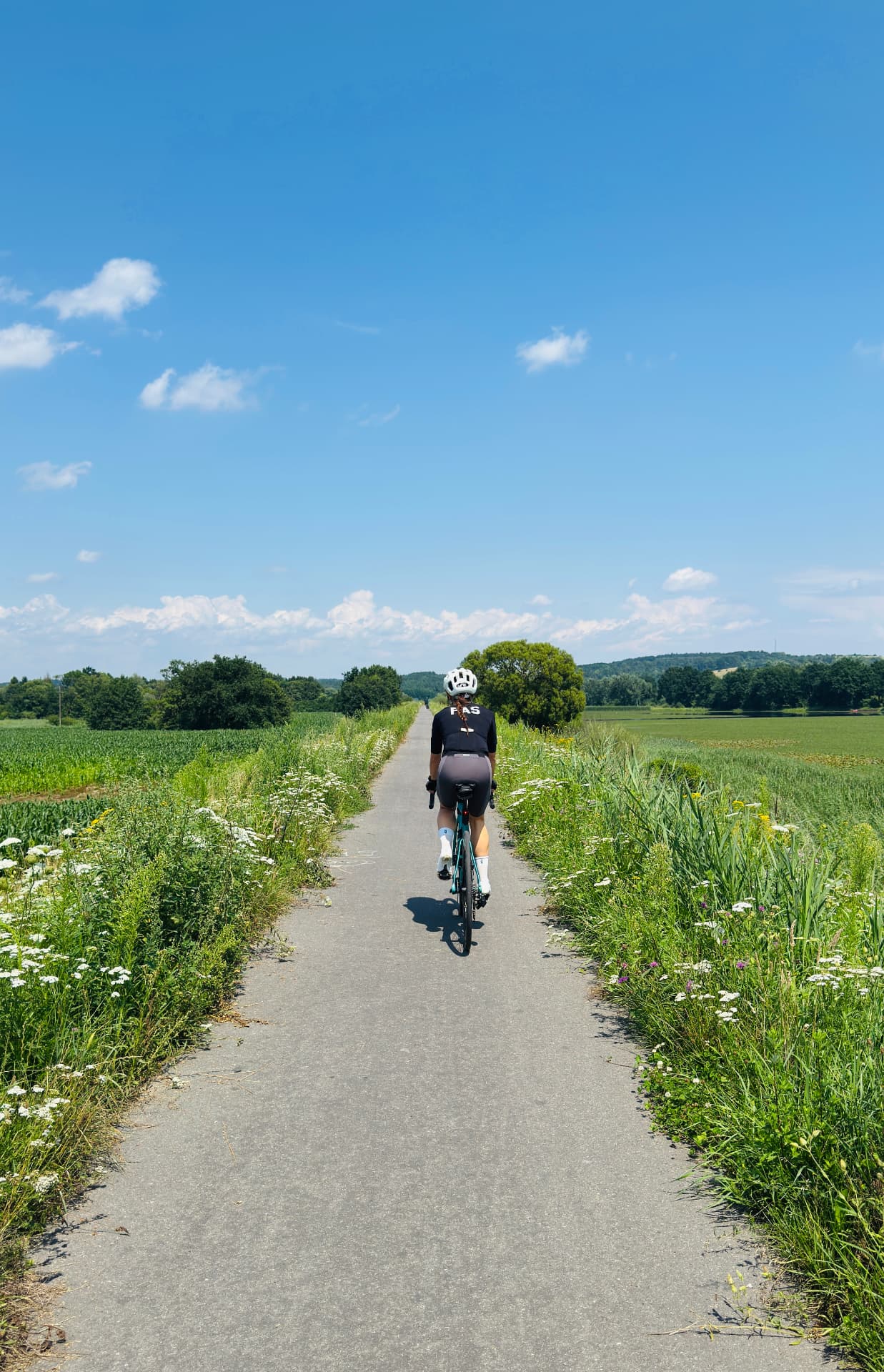 Angelica cycling along a country lane on a summer day